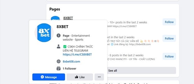 Hồ sơ mạng xã hội giả mạo của 8xbet.